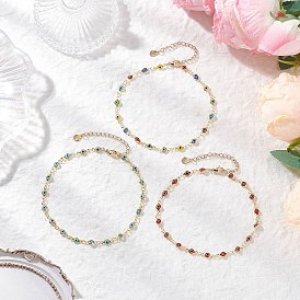 3Pcs 3 Styles Handmade Evil Eye Lampwork Brass Link Chain Anklets for Women, Golden