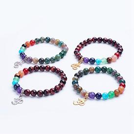Natural Gemstone Beaded Stretch Bracelets, Charm Bracelets, with Alloy Findings, Ohm