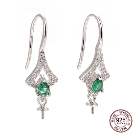 925 Sterling Silver Earring Hooks, with Medium Sea Green Cubic Zirconia, Twist Rhombus, for Half Drilled Beads