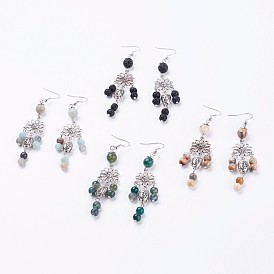 Cuentas de piedras preciosas naturales cuelgan aretes, con enlaces de componente araña de aleación, fornituras de hierro y latón, flor y cabeza de Buda, plata antigua