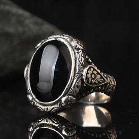 Oval Natural Black Agate Finger Rings, Alloy Wide Band Finger Rings for Men