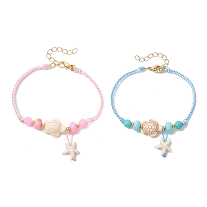 Браслеты с подвесками из синтетических бусин бирюзы, окрашенных в виде морских звезд и черепах, Регулируемые плетеные браслеты из бусин из окрашенной синтетической императорской яшмы и натурального желтого нефрита для женщин