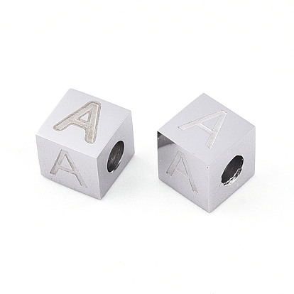 304 Stainless Steel Beads, Cube with Letter, Stainless Steel Color