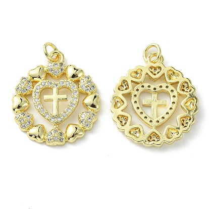 Rack Plating Brass Micro Pave Cubic Zirconia Pendants, Long-Lasting Plated, Lead Free & Cadmium Free, Flat Round Charm, Heart with Cross