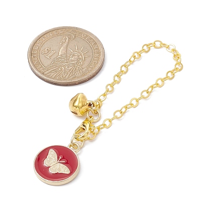 Flat Round with Butterfly Alloy Enamel Pendant Decorations, with Iron Bel Charm