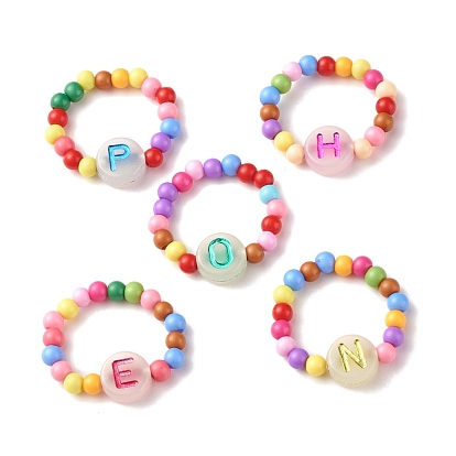 Colorful Flat Round with Letter Acrylic Finger Ring with Round Beads for Women