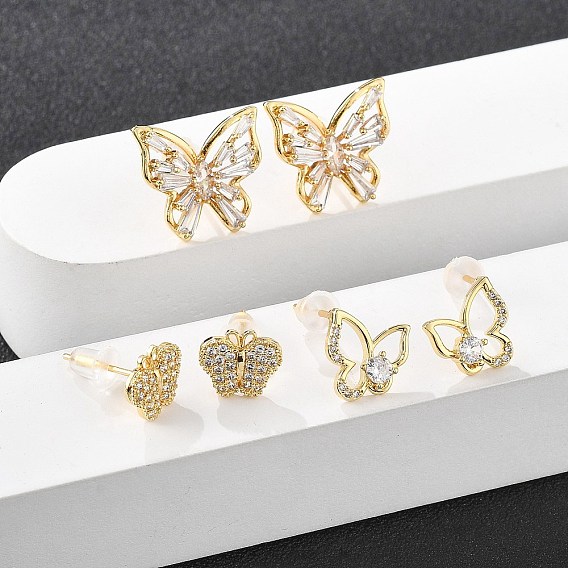 Серьги-гвоздики из латуни с микропаве и цирконием в форме бабочки, с силиконовыми берушами, долговечный
