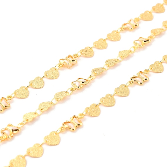Handmade Brass Link Chains, with Glass, Long-Lasting Plated, Soldered, with Spool, Butterfly & Textured Heart, Golden