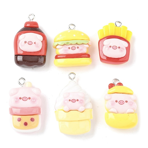 Подвески из непрозрачной смолы с милой тематикой свиньи, имитация еды, с платиновым тоном железная петля