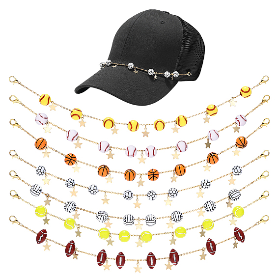 7 шт. 304 цепочки для шляп из нержавеющей стали, с акриловой бусиной в виде спортивного мяча и застежками-карабинами из сплава