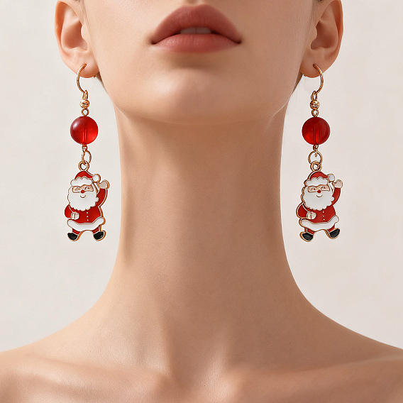 Серьги-подвески в виде Санта-Клауса из эмалевого сплава, со стеклом