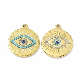 Ion Plating(IP) Golden 304 Stainless Steel Pendants, with Cubic Zirconia, Flat Round with Evil Eye Charm