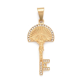 Easter 304 Stainless Steel Big Pendants, with Crystal Rhinestone, Key with Crucifix Cross