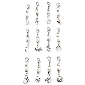 12Pcs 12 Style Alloy Pendant Decorations, Shell Pearl Beads and Lobster Clasps Charms for Bag Ornaments