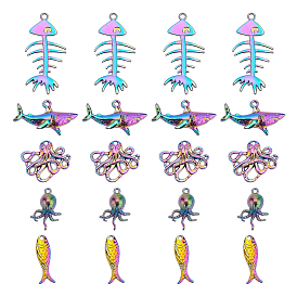 20Pcs 5 Style Rainbow Color Alloy Pendants, Fishbone & Fish & Shark & Octopus
