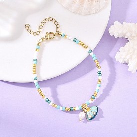 Armbänder mit Muschelanhängern aus natürlichen Meeresperlen, Legierungskristallen, Strasssteinen, Emaille und Muscheln, Glasperlen Armbänder, Himmelblau
