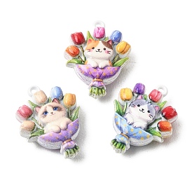 Double-Sided Painted & Printed Alloy Pendants, Flower & Cat Shape Charms