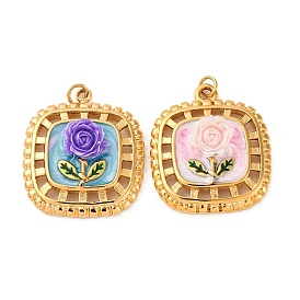 304 нержавеющей стальной эмали подвески, со смолой и прыгающим кольцом, ионное покрытие (ip), квадрат с цветочным шармом, реальный 18 k позолоченный