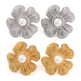 304 Stainless Steel with Plastic Imitation Pearl Stud Earrings for Women, Flower