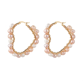 Boucles d'oreilles créoles coeur enroulé de fil de perles naturelles pour femmes, or