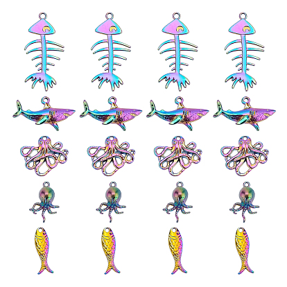 20Pcs 5 Style Rainbow Color Alloy Pendants, Fishbone & Fish & Shark & Octopus