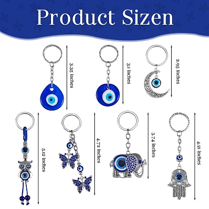 7Pcs 7 Style Resin & Lampwork Evil Eye Keychain, with Iron Key Ring & Alloy Findings, Mixed Shape
