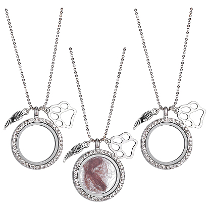 3Pcs Alloy Crystal Rhinestone Wing Paw Print and Glass Magnetic Flat Round Locket Pendant Ball Chain Necklaces for Women