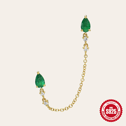 Green Gemstone Diamond Ear Threader Earrings in Sterling Silver - Chic and Trendy Tassel Dangles