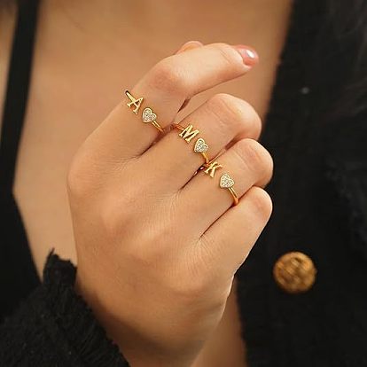 Регулируемые латунные кольца из манжеты из горного хрусталя, письмо и сердце