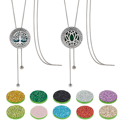 2 шт. 2 стили регулируемые полые плоские круглые диффузоры из нержавеющей стали с медальоном и подвеской-лариатом, со сменными парфюмерными подушечками 20 шт., цвет нержавеющей стали