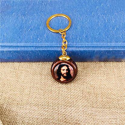 Flat Round Double-sided Religious Jesus Plastic Pendant Keychain, with Metal Findings