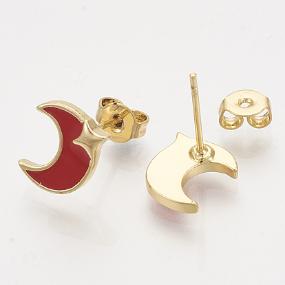 Brass Stud Earrings, with Enamel and Ear Nuts, Moon with Star, Golden