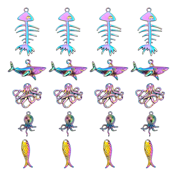 20Pcs 5 Style Rainbow Color Alloy Pendants, Fishbone & Fish & Shark & Octopus