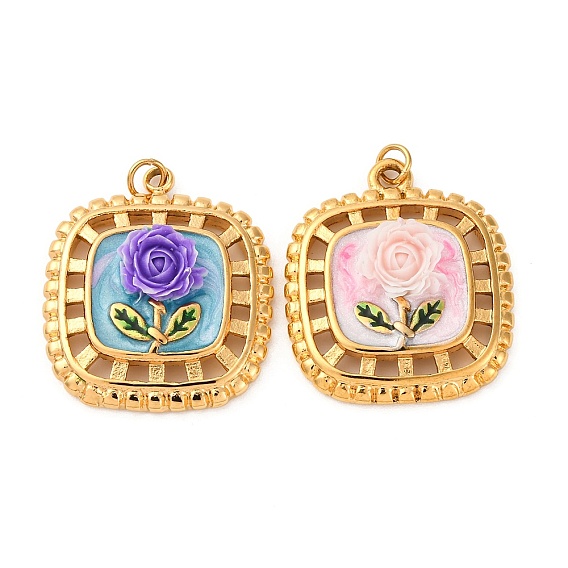 304 нержавеющей стальной эмали подвески, со смолой и прыгающим кольцом, ионное покрытие (ip), квадрат с цветочным шармом, реальный 18 k позолоченный