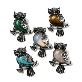 Gemstone Pendants, Antique Silver Plated Owl Charms with Blak Glass