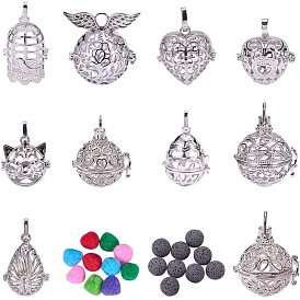 Hollow Brass Cage Ball Pendants Making Sets, with Lava Rock Perfume Beads and Pom Pom Balls