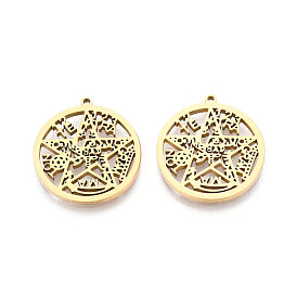 Полые 304 из нержавеющей стали кулоны, плоские круглые с пентаграммы