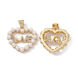 Brass Micro Pave Cubic Zirconia Pendants, with ABS Imitation Pearl, Heart with Word LOVE Charm for Valentine's Day