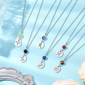 12Pcs 12 Styles 304 Stainless Steel Constellations Pendant Cable Chain Necklaces, Natural & Synthetic Gemstone Round Bead Birthstone Pendant Necklaces for Women