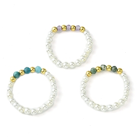 3Pcs 3 Style Natural Pearl & Moss Agate & Apatite Beaded Stretch Rings, Stackable Rings
