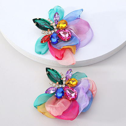 Romantic Handmade Fabric Flower Crystal Colorful Statement Earrings - Elegant, Chic, Sophisticated.