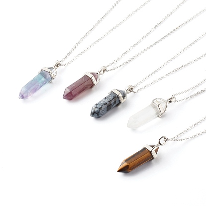 Bullet Shaped Natural Gemstone Pendant Necklaces, with 304 Stainless Steel Open Jump Rings & Chain Extender, Zinc Alloy Lobster Claw Clasps