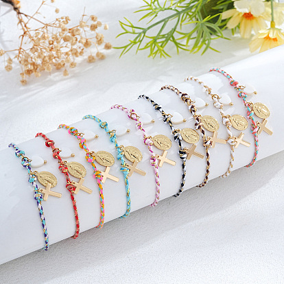 Браслеты с подвесками из латуни и натуральных ракушек, регулируемые плетеные браслеты из волоконного шнура для женщин, крест и овал с Девой Марией и сердцем