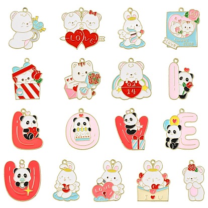 34Pcs 17 Styles Valentine's Day Alloy Enamel Pendants, Mixed Shapes