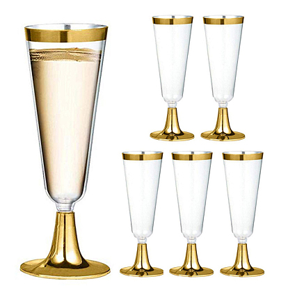Disposable Party Plastic Champagne Flute, with Gold Rim, for Birthday Party Supplies