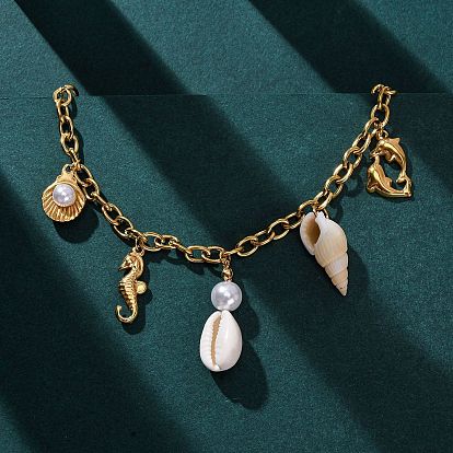 304 Женские подвески в виде дельфина, морского конька и натуральных ракушек из нержавеющей стали, с пластиковыми бусинами под искусственный жемчуг, ионное покрытие (ip)