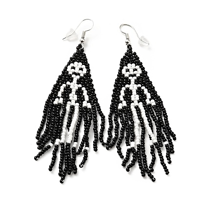 Glass Seed Braided Skeleton Chandelier Earrings, Chain Tassel Alloy Halloween Earrings for Women