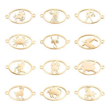 12Pcs 12 Style 304 Stainless Steel Links Connectors, Oval with Twelve Constellation/Zodiac Sign