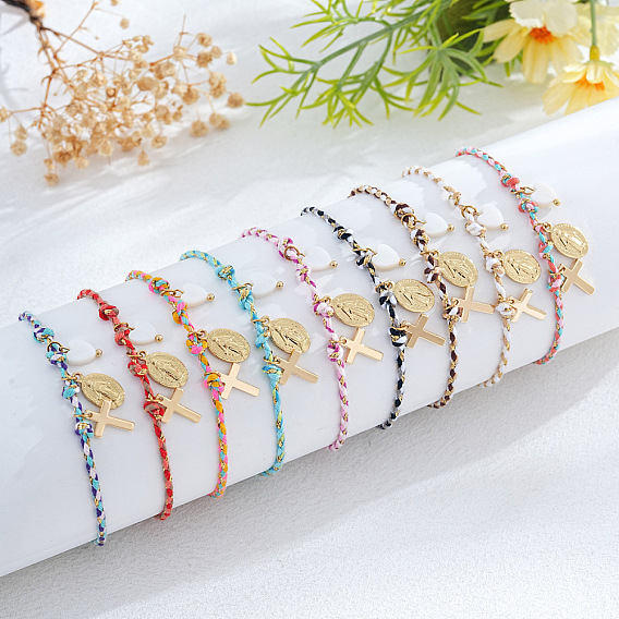 Браслеты с подвесками из латуни и натуральных ракушек, регулируемые плетеные браслеты из волоконного шнура для женщин, крест и овал с Девой Марией и сердцем