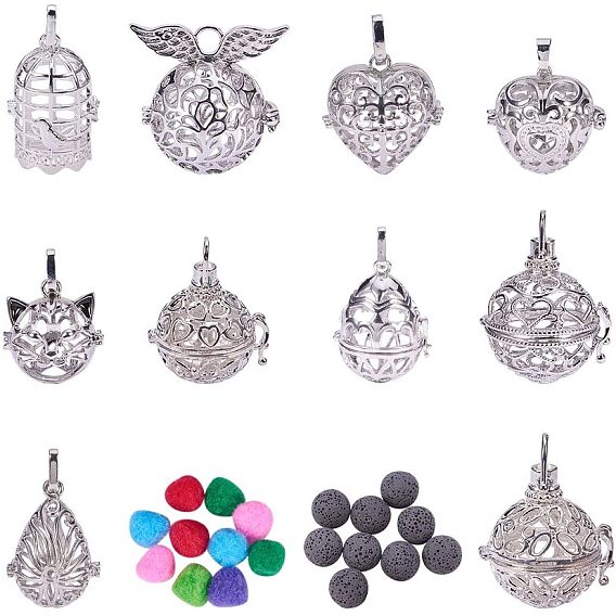 Hollow Brass Cage Ball Pendants Making Sets, with Lava Rock Perfume Beads and Pom Pom Balls